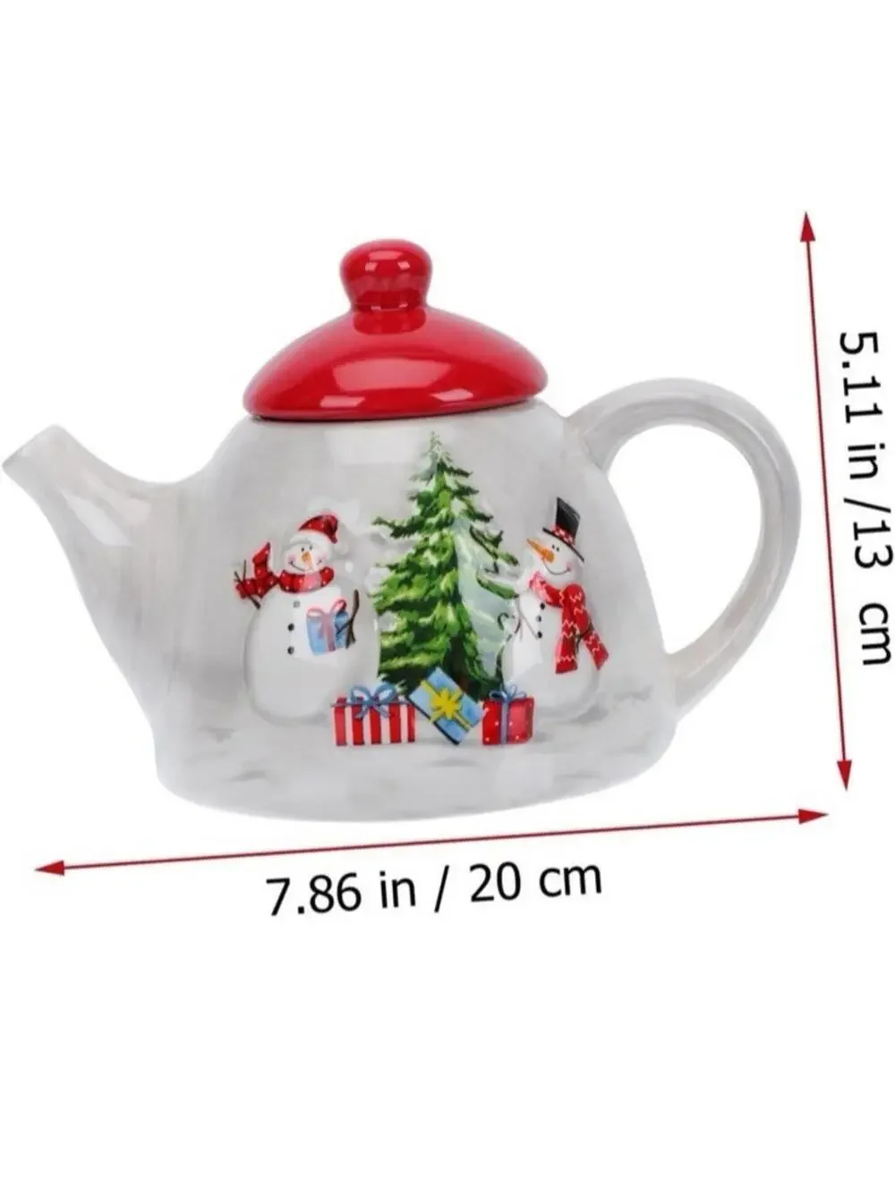 Christmas Ceramic Teapot Milk Pitcher Snowman Holiday Tea Pot Red Lid New